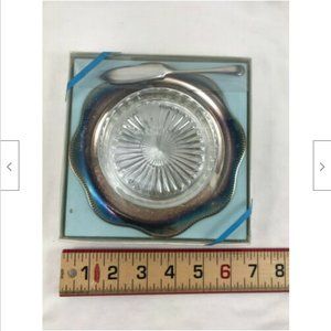 Vtg UNUSED Viking Plate Silverplate Cheese Serving Tray w Glass Dish & Knife